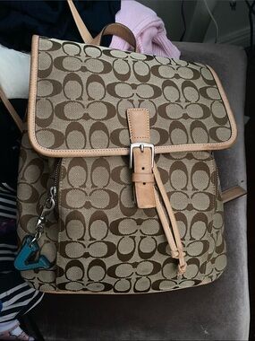 Coach Brown Signature Canvas Backpack with Tan Leather Trim